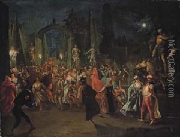 A Masked Ball In A Moonlit Ornamental Garden Oil Painting - Niccolo Pintucci