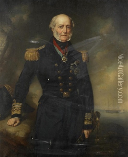 Portrait Of Admiral Sir George Seymour, Three-quarter-length, Standing Wearing Uniform, His Ship Beyond Oil Painting - John Lindsay Lucas