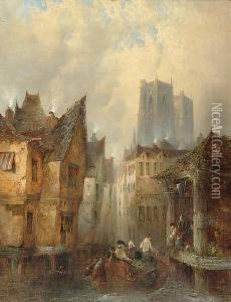 A Canal Scene At Abbeville; & Street At Dal Oil Painting - Clifford Montague