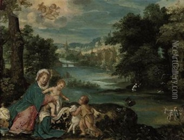 A River Wooded Landscape With The Madonna And Child With The Infant Saint John The Baptist, A Village Beyond (follower Of Hans Rottenhammer) Oil Painting -  Scarsellino