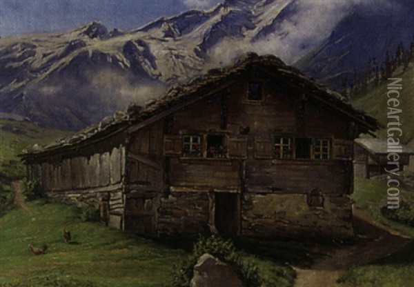 Maiensass Mit Bergkette Im Hintergrund Oil Painting - Joseph Klemens Kaufmann