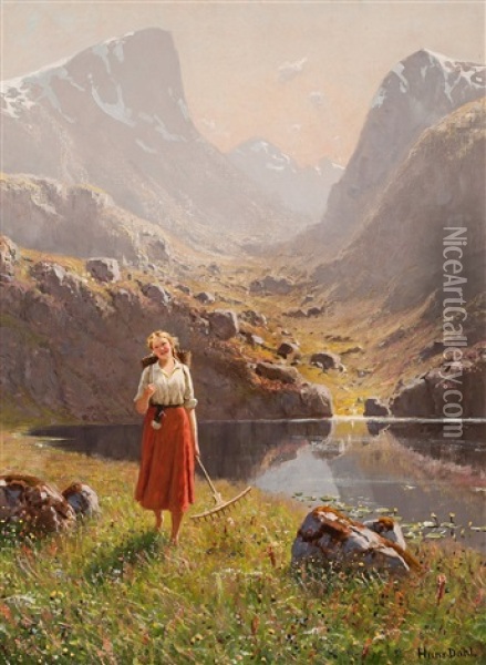 Girl By A Mountain Lake Oil Painting - Hans Dahl
