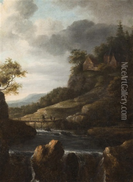 Landscape With Bridge And Unsigned Oil Painting - Allaert van Everdingen