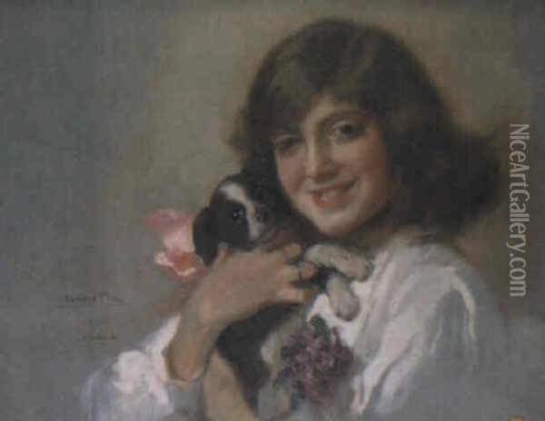 Cristina Pla Con Un Perrito Oil Painting - Cecilio Pla