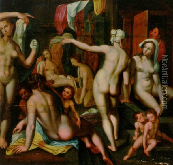 Maidens And Children Bathing Oil Painting - Frans Floris the Elder