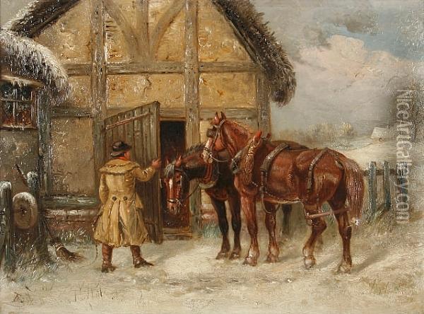 Plough Horses At A Trough In A Snow Covered Landscape Oil Painting - Thomas Smythe