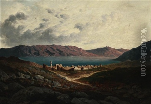 Blick Von Einer Anhohe Auf Eine Orientalische Stadt Am Ufer Eines Bergsees Oil Painting - Paul Rudolf Linke