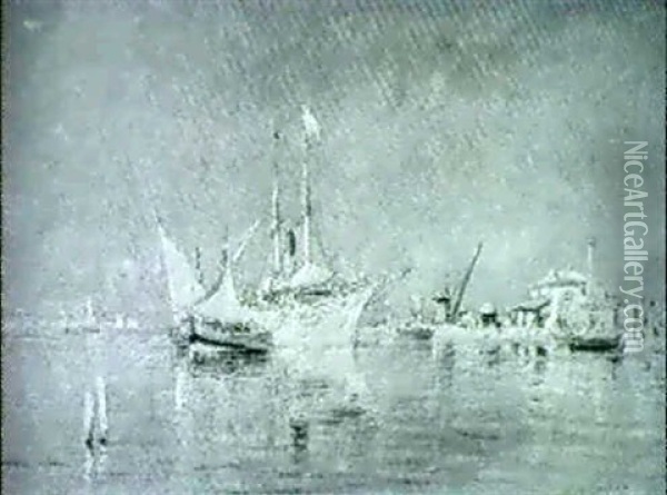 Barques Au Mouillage Pres De Port De Bouc Oil Painting - Henri Malfroy-Savigny