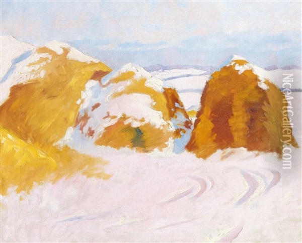 Snowy Sunlit Haystacks Oil Painting - Bela Ivanyi Gruenwald