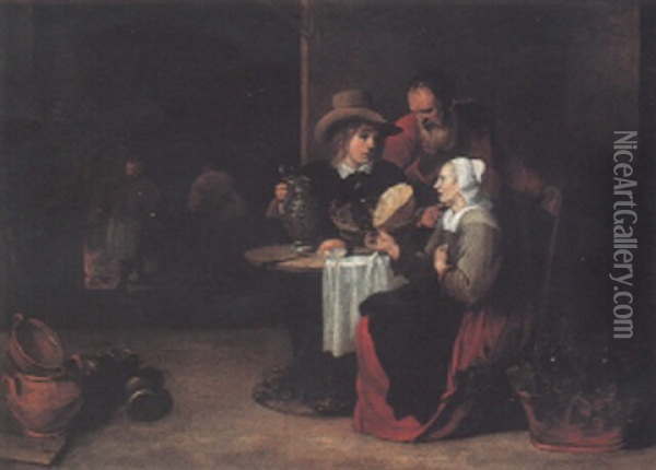 Kitchen Interior With A Young Man And An Elderly Couple Seated At A Table Oil Painting - Matheus van Helmont