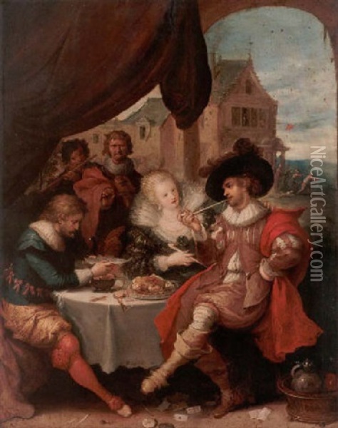 Elegant Company Banqueting At A Table To The Accompaniment Of Musicians, A Country Tavern Beyond Oil Painting - Frans Francken III