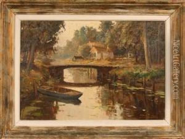 Paysage D'un Canal Avec Barque Oil Painting - Kees Terlouw