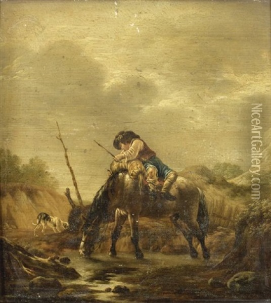 Paysage Avec Un Homme Pret A Monter Sur Un Cheval Oil Painting - Pieter Cornelius Verbeeck