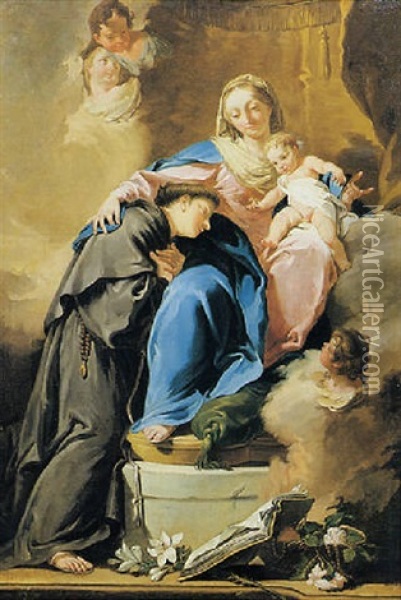 La Madonna Col Bambino, Sant'antonio Di Padova E Tre Angioletti Oil Painting - Giovanni Battista Pittoni the younger