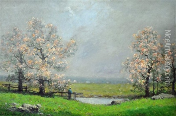 Flowering Trees In A Landscape With Figure Oil Painting - Frank Russell Green
