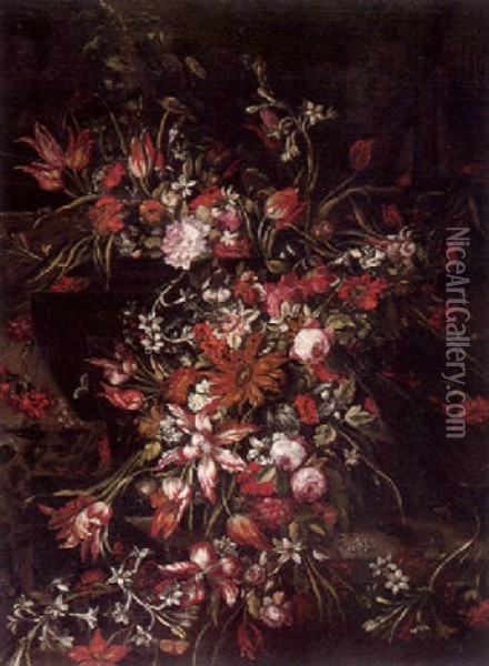 Blumenstilleben Mit Rosen, Tulpen, Nelken Und Andere Bluten In Einer Balustervase Auf Einer Tischplatte Oil Painting - Margherita Caffi