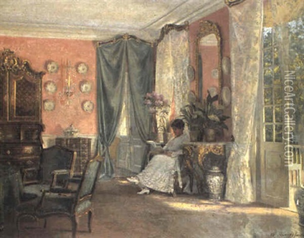 Rococointerior Med Laesende Dame Oil Painting - Adolf Heinrich Claus Hansen