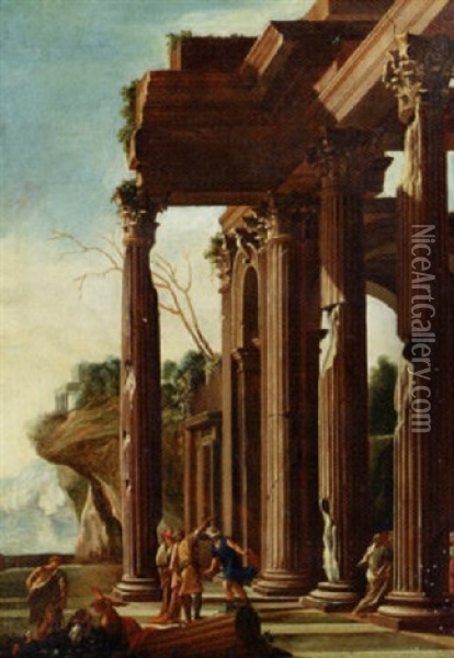 Figures Conversing In The Portico Of An Ruined Temple Oil Painting - Giovanni Ghisolfi