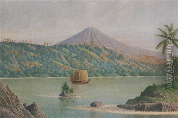 View From Ternate Harbour Looking South To Tidore With A View Of The Volcano Of Gunung Kiematubu Oil Painting - Pieter Rosenburg