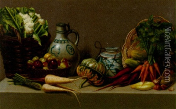 Still Life With Pottery And Vegetables On A Tabletop Oil Painting - Paul Rink