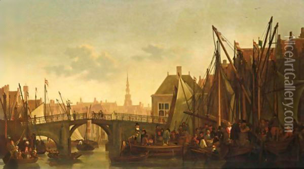 Dordrecht A View Of The Appelmarkt With The Oude Haven And The Nieuwbrug, A View Of The Tower Of The Groothoofdspoort In The Distance Oil Painting - Abraham Van Calraet