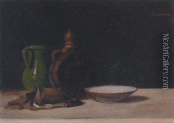 An Ewer, A Jug, A Bowl, A Pipe And A Bag On A Ledge Oil Painting - Karoly (Karl) Bachmann