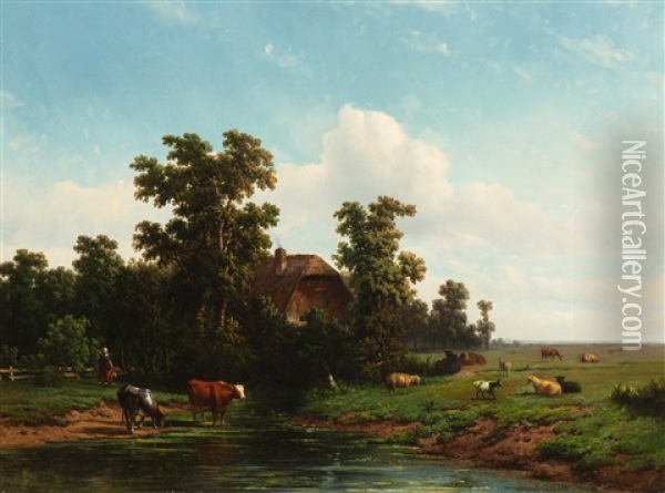 Farmer's Wife With Milk Buckets And Cattle By The Pond Oil Painting - Adrianus Jacobus Vrolyk