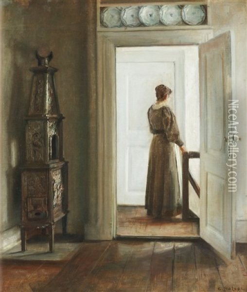 Interior Med Kvinna Oil Painting - Carl Vilhelm Holsoe
