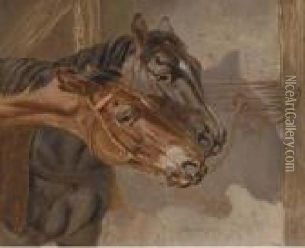 Horses Tethered In A Stable Oil Painting - Benjamin Herring, Jnr.