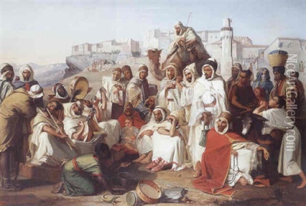 Musiciens Arabes Sur La Place De La Breche A Constantine Oil Painting - Louis Anselme Longa