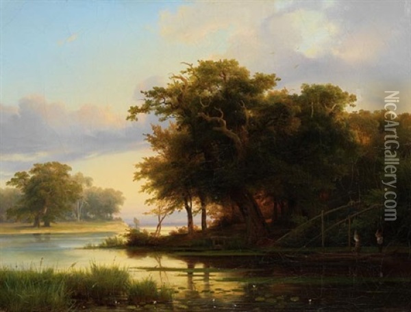 Niederrheinauen Mit Netzfischern Oil Painting - Jakob (von Worms) Becker