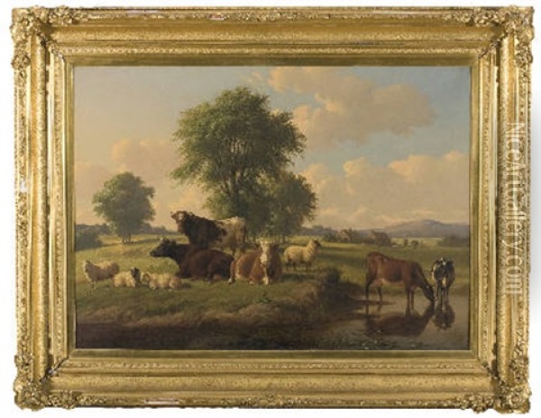 Cattle And Sheep In A Meadow With Stream Oil Painting - Thomas Hewes Hinckley