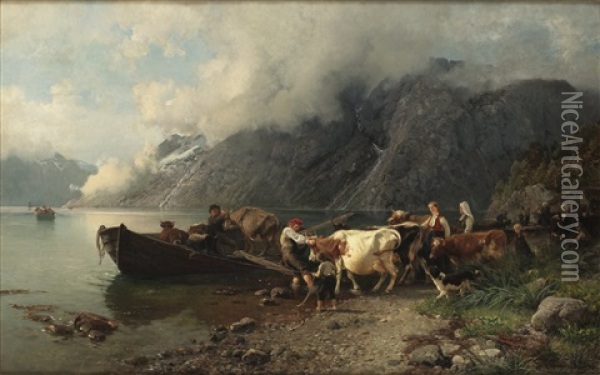 Boskapen Flyttas Oil Painting - Anders Monsen Askevold