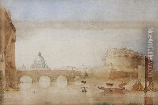 View Of The Tiber With Castel St-angelo And St. Peters In Thebackground Oil Painting - James Webb