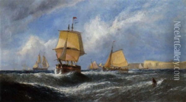 Shipping In A Stiff Breeze Off Dover Oil Painting - William Callcott Knell