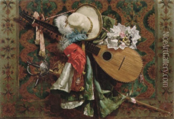 Still Life With Mandolin, Hat And Mask Oil Painting - Francisco Sans Castano