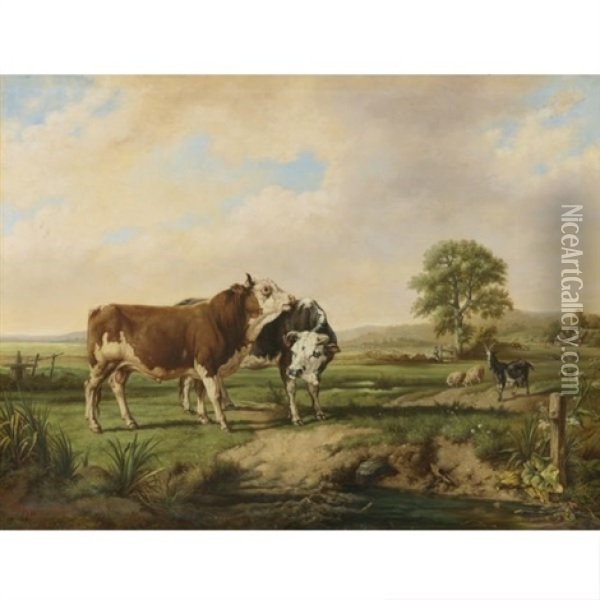 Bulls, Sheep, And A Goat At Pasture Oil Painting - Jacques Raymond Brascassat