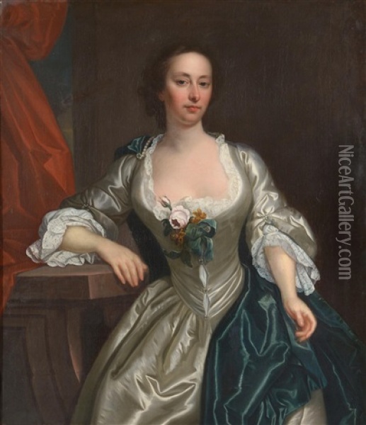 Anna Sneyd, Three-quarter Length Wearing A White Satin Dress Trimmed With Lace And A Green Velvet Sash Oil Painting - Allan Ramsay
