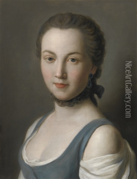 Portrait Of A Young Lady, Bust Length, In A Blue Bodice And Black Lace Choker Oil Painting - Pietro Antonio Rotari