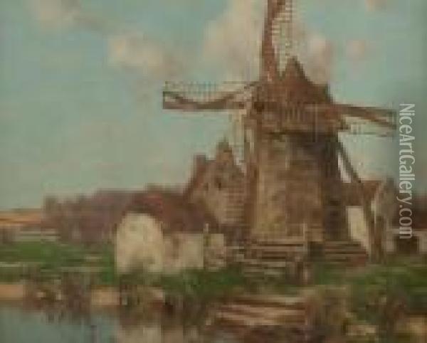 French Farm And Windmill Oil Painting - David Gauld