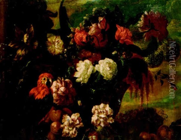 A Parrot By An Urn Of Flowers, And Fruit On A Ledge Oil Painting - Pieter Casteels III