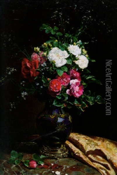 Sill Life Of Roses Oil Painting - Victor Leclaire