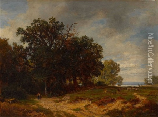 Baumlandschaft Mit Einem Schafer Mit Herde Oil Painting - Philipp Roeth