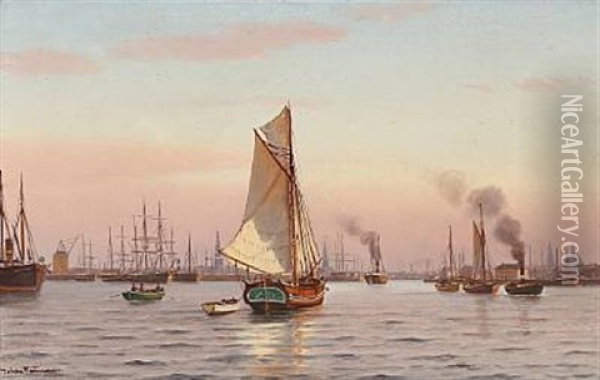 Copenhagen Habour With Sailing Ships And Boats Oil Painting - Johan Jens Neumann