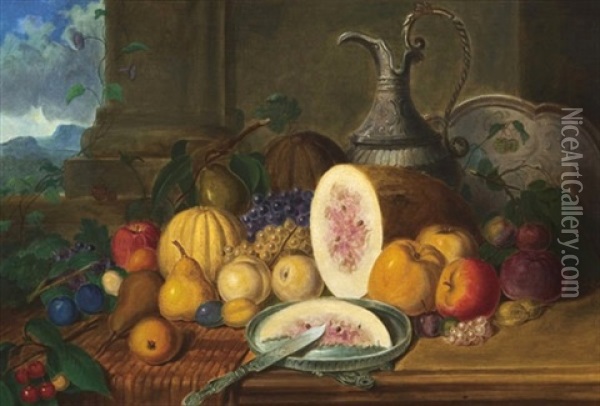 Still Life With Flower, Melon & Apples Oil Painting - Tompkins Harrison Matteson