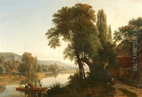 Flusslandschaft Mit Ruderboot, Tier- Und Figurenstaffage Oil Painting - Raymond-Noel Esbrat