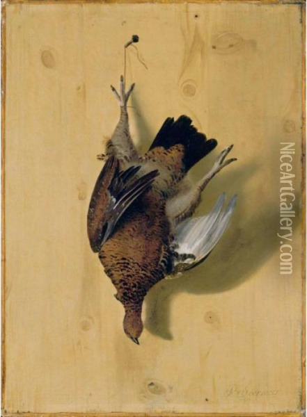 Still Life Of A French Partridge Hanging From A Nail Oil Painting - Barend or Bernardus van der Meer