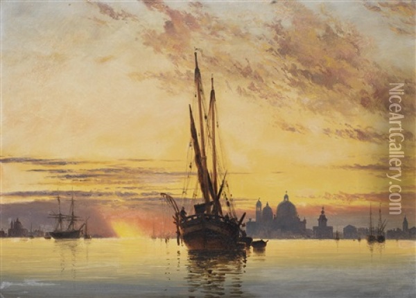 Sunset, Venice, Santa Maria Della Salute In The Distance Oil Painting - Edward William Cooke