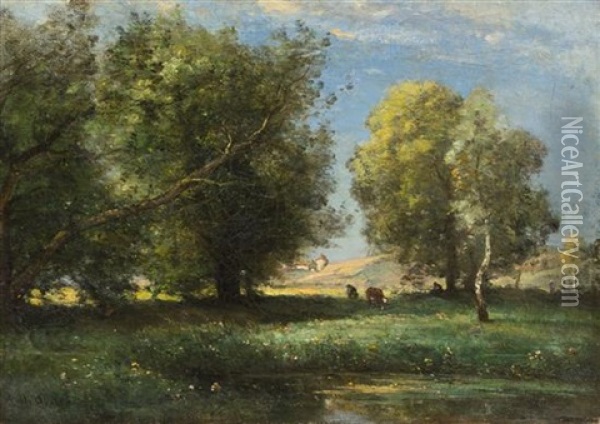 Cattle In Sunny Meadow Oil Painting - Achille Francois Oudinot