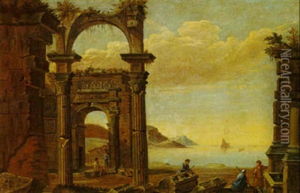 Mediterranean Seascape With Figures Near Ruins Oil Painting - Pierre Lemaire
